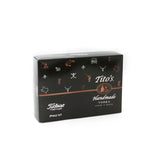 Box of 12 Pro-V1 golf balls with Tito's golf illustrations on the front and Tito's cocktail recipes on the back