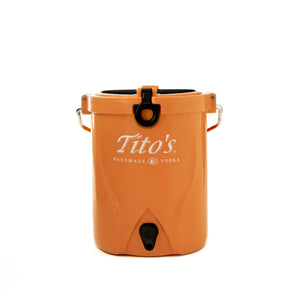 Front of orange Brümate BackTap with Tito's Handmade Vodka wordmark and pour spout