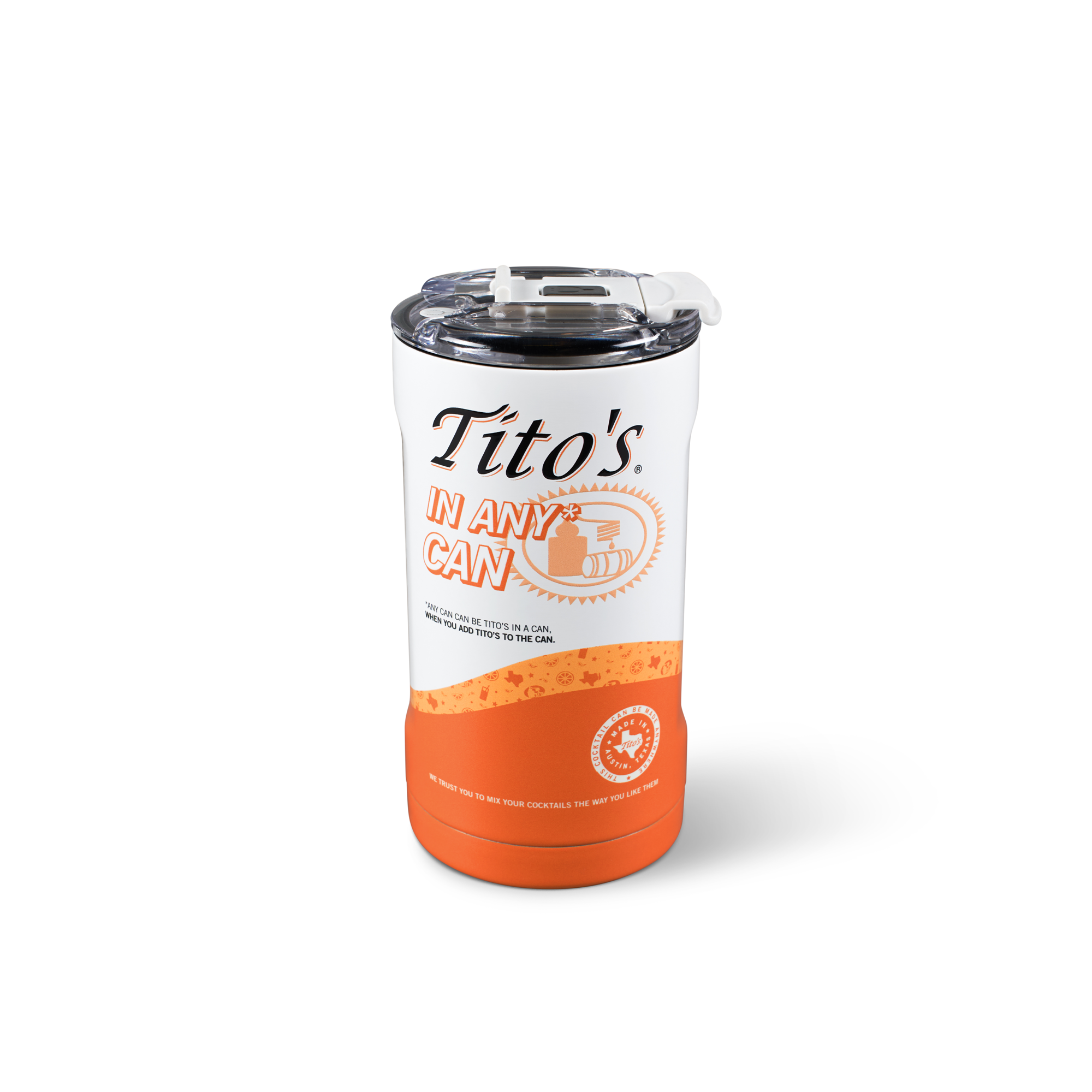 Orange and white Tito's in Any* Can cooler-can-tumbler with lid