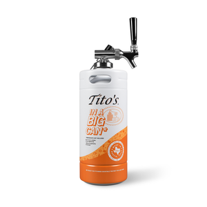 Orange and white mini keg with Tito's in a Big Can* wordmark