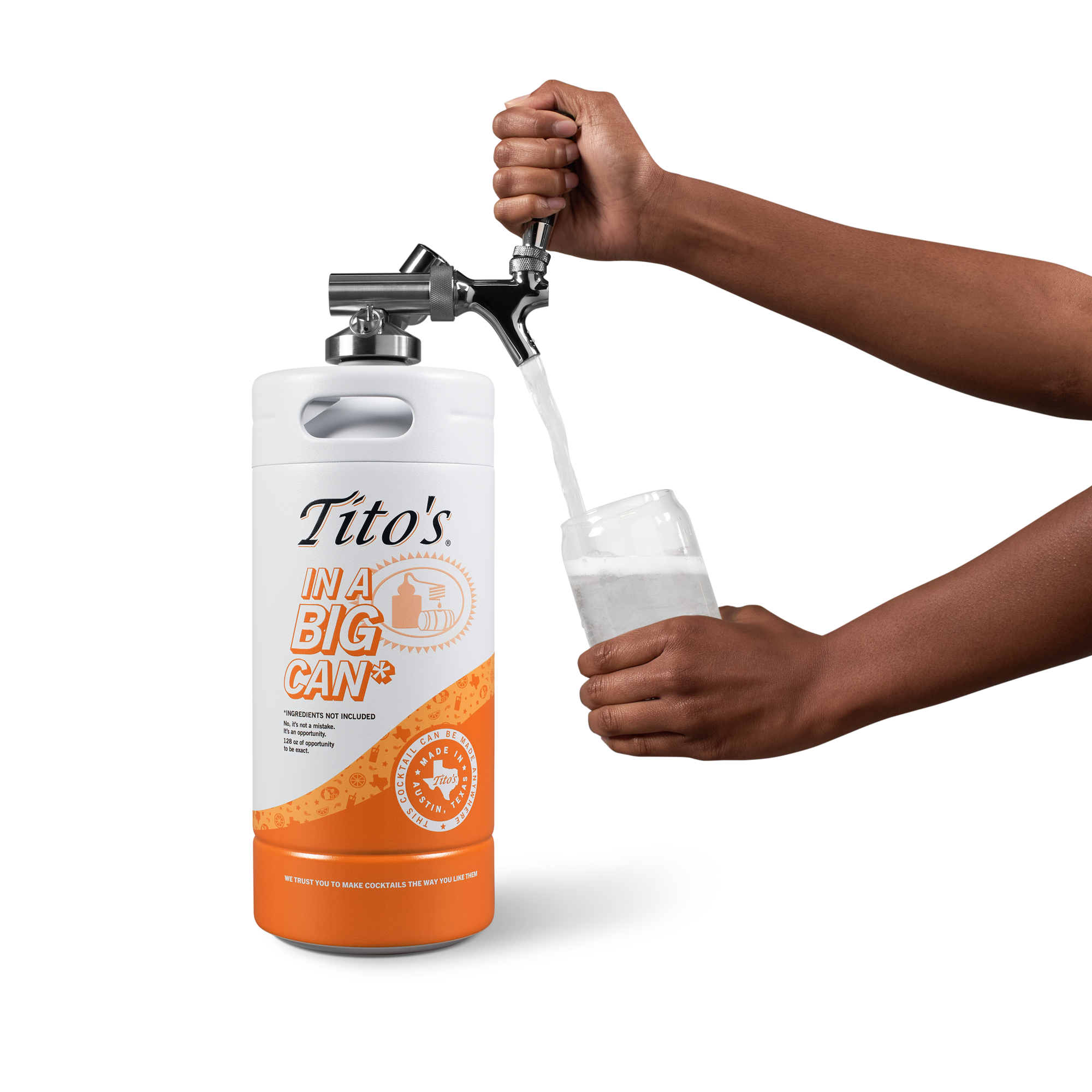 Tito's in a Big Can* pouring into a glass