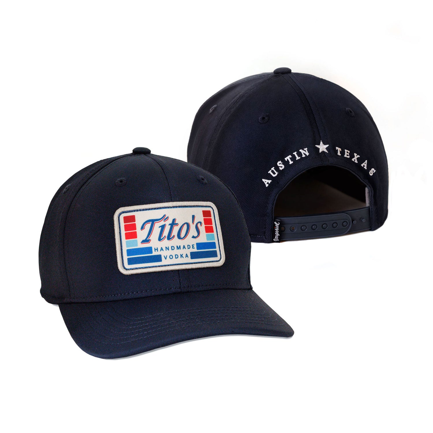 Navy snapback hat with Tito's Handmade Vodka patch on front and Austin, Texas on back