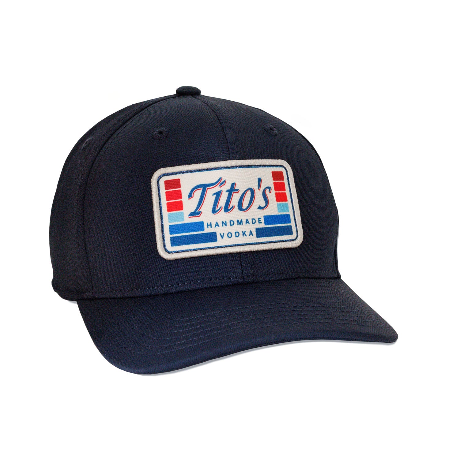 Front of navy snapback hat with Tito's Handmade Vodka patch 