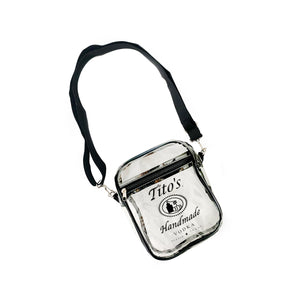 Clear crossbody bag with Tito's Handmade Vodka logo and adjustable strap