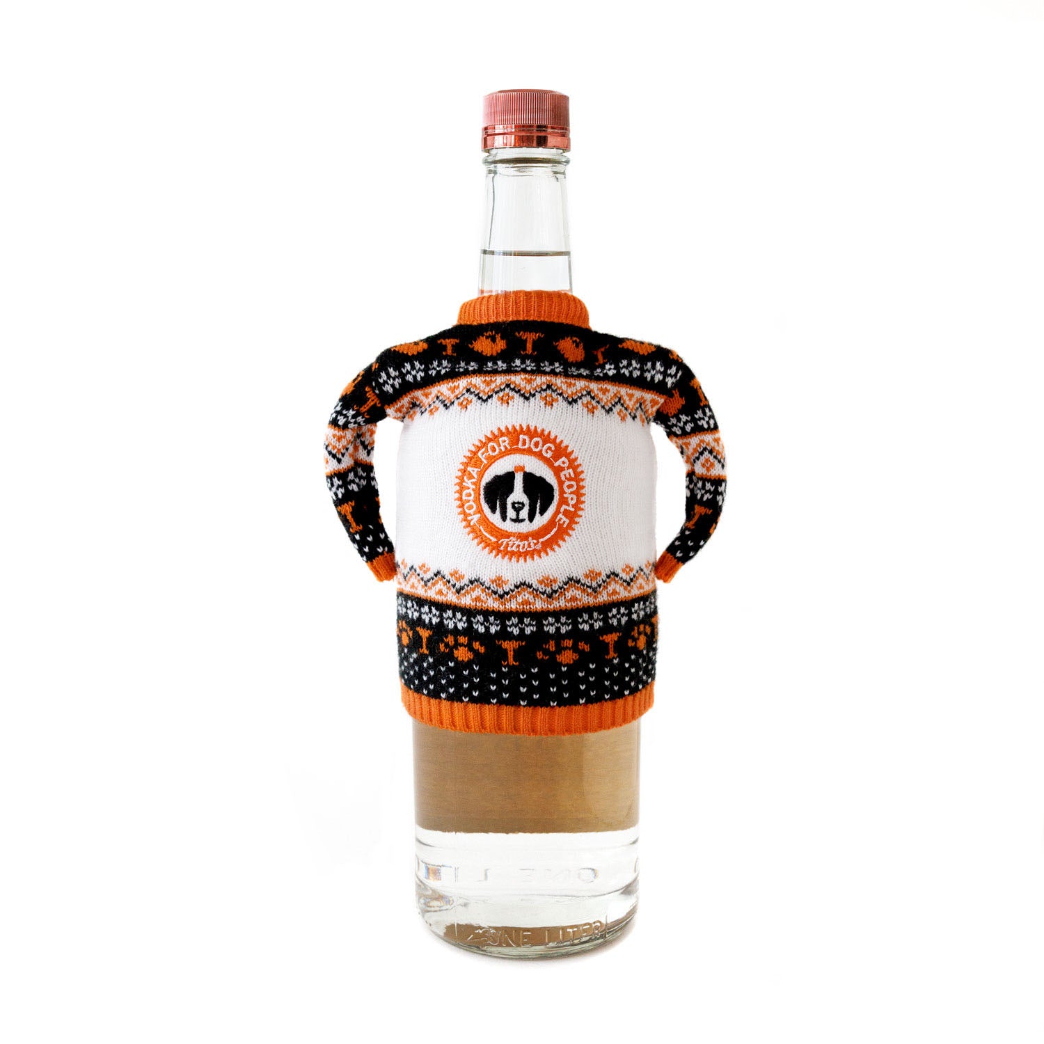 Back of orange, black, and white bottle sweater with Vodka for Dog People logo, and designs of paw prints, martinis, and snowflakes