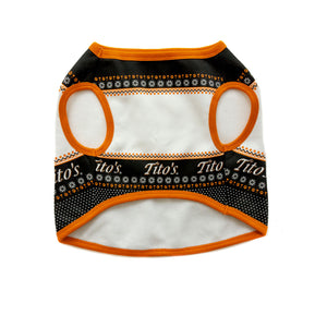 Back view of black, orange, and white pullover with snowflakes, paw prints, martinis, with Tito's wordmark