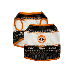 Front and back view of black, orange, and white pullover with snowflakes, paw prints, martinis, with Tito's wordmark and Vodka for Dog People logo