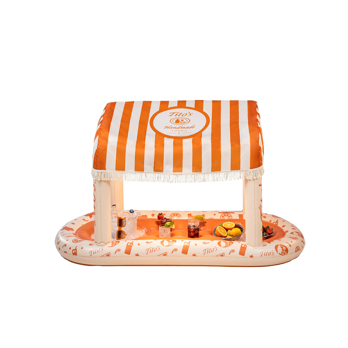 Orange and white FUNBOY inflatable cabana bar with Tito's Handmade Vodka logo and cocktail designs