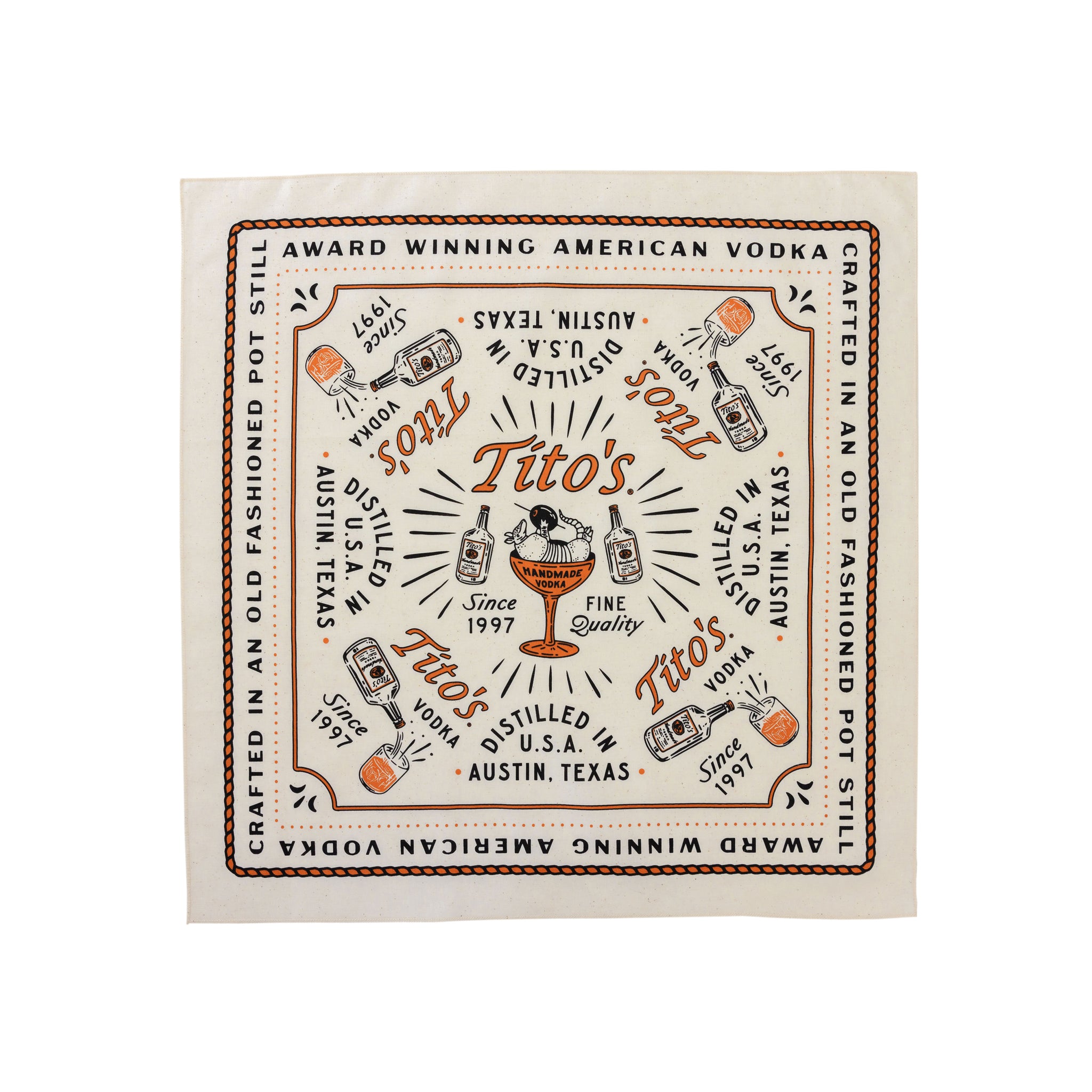 Square view of ivory cotton bandana with a rope border and "Award Winning AMerican Vodka" border. The center is a design with the Tito's wordmark in the center and a martini glass with an armadillo holding an olive.