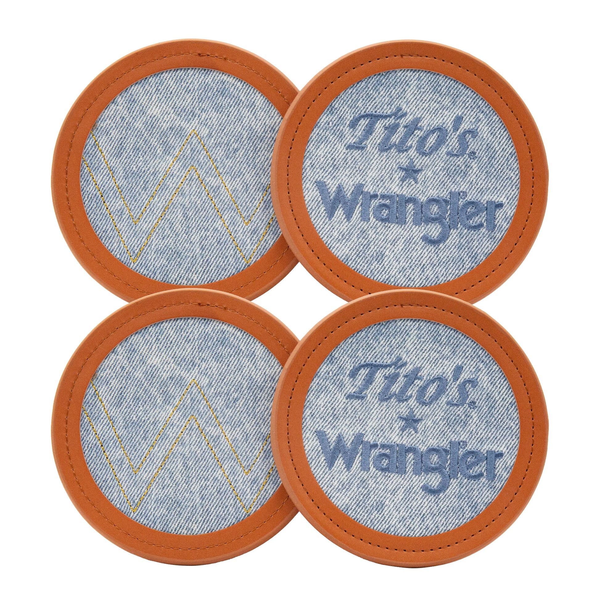 Four denim coasters with brown leather trim featuring 'Tito's Wrangler' branding on a white background