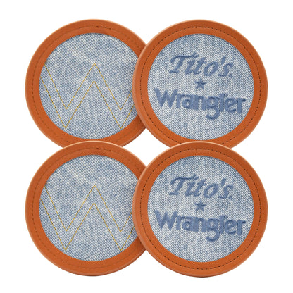 Four denim coasters with brown leather trim featuring 'Tito's Wrangler' branding on a white background