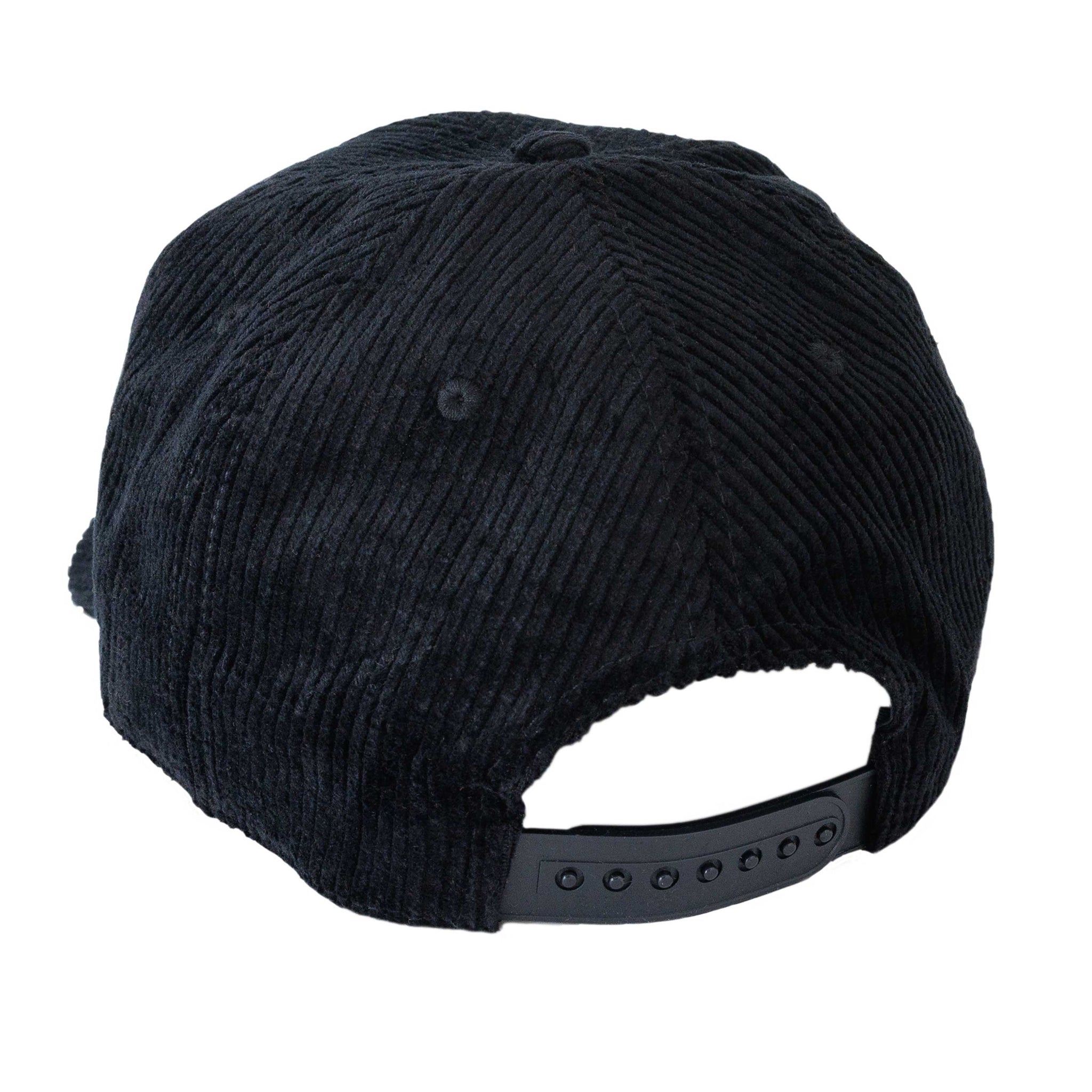 Back view of black corduroy hat with adjustable strap