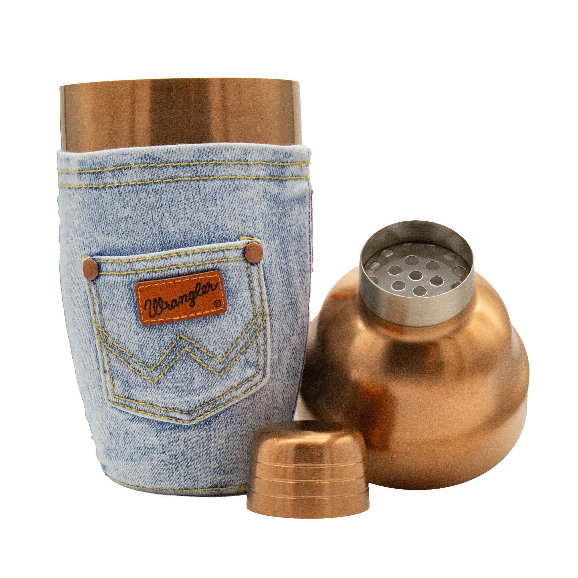 3 piece Copper shaker with strainer and cap off and a denim sleeve featuring Wrangler logo on a white background