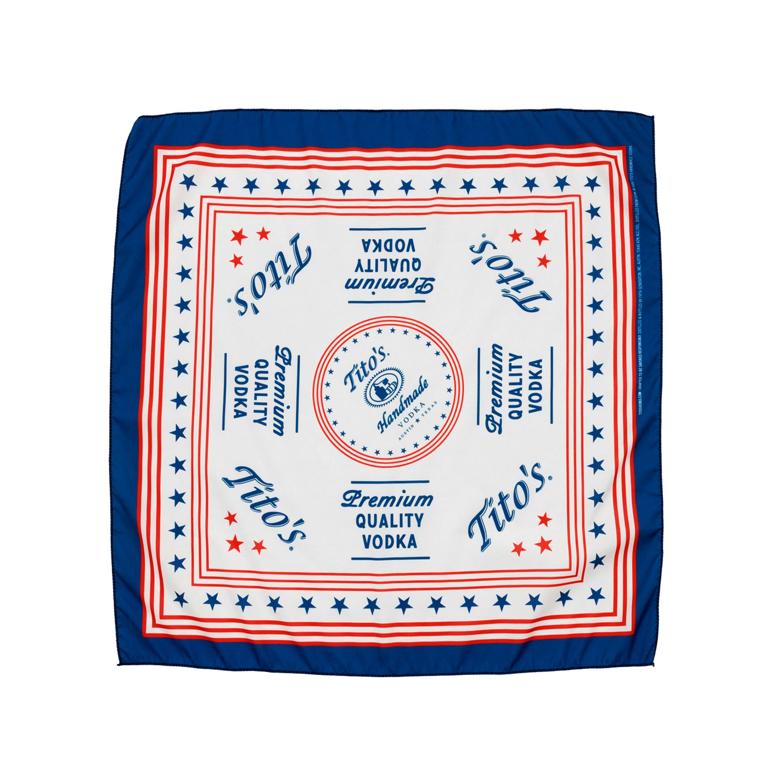 Tito's Vodka branded bandana with blue border and red accents on a white background