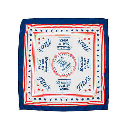 Tito's Vodka branded bandana with blue border and red accents on a white background