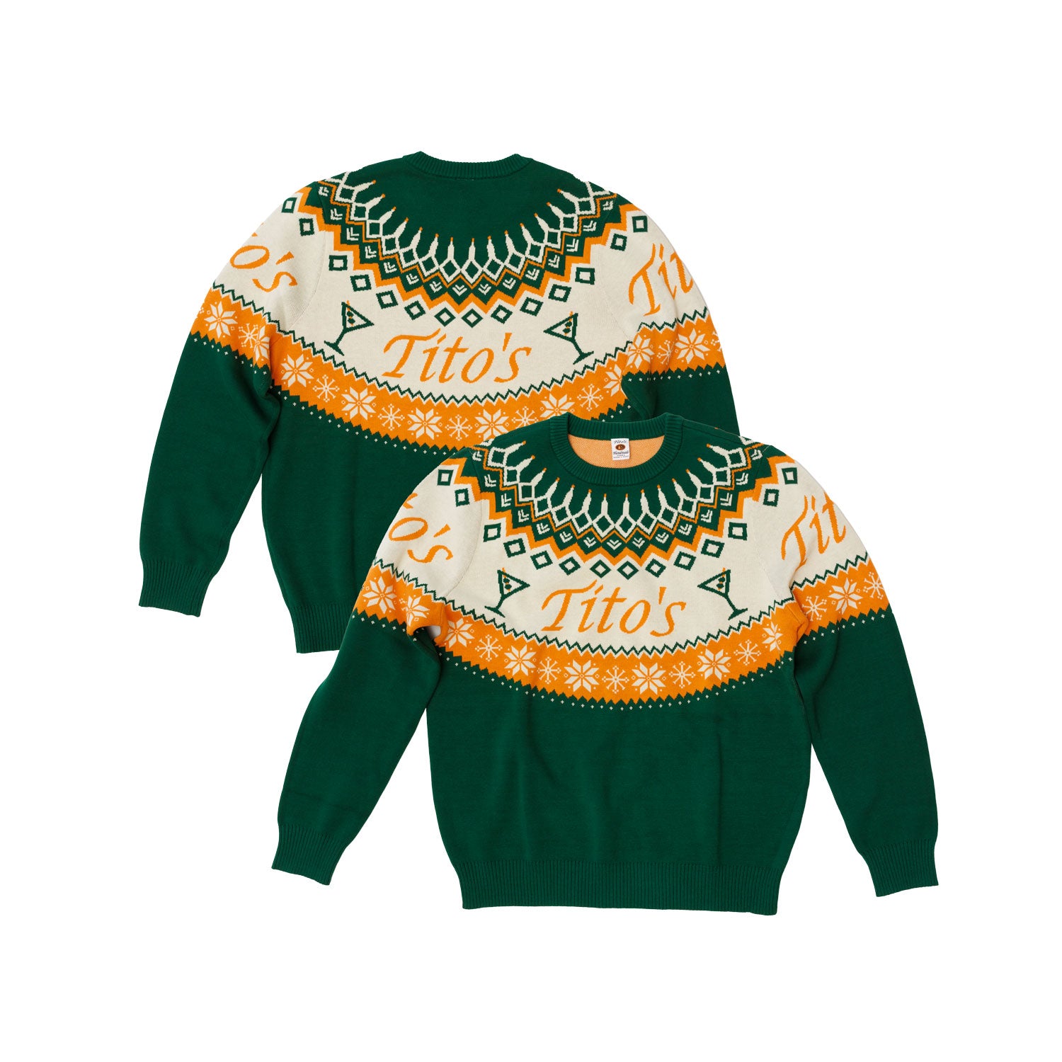 Front and back view of a Green sweater with orange and white Tito's festive design around the top half including the Tito's wordmark, Tito's dirty martini's, snowflakes, and a stand of lights made out of Tito's bottles