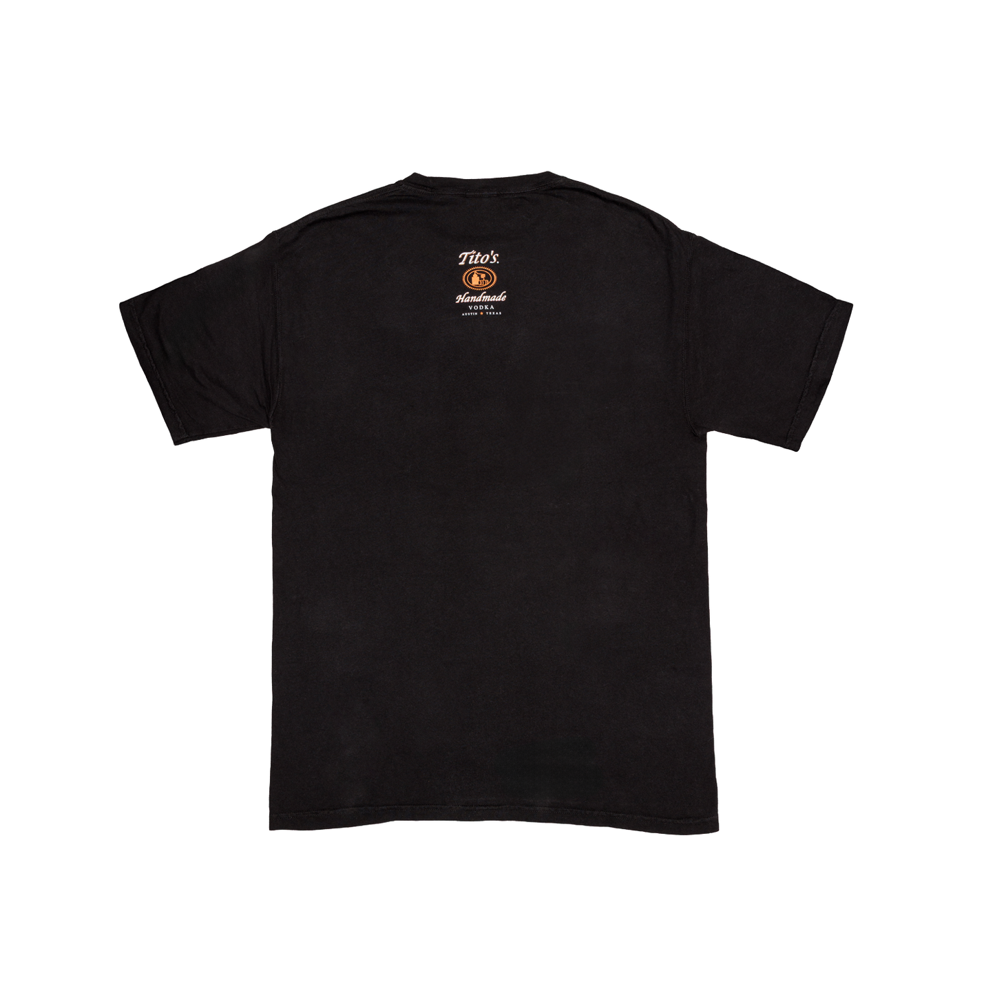 Back view of a Black t-shirt with orange and white Tito's Handmade Vodka logo small in the middle of the top