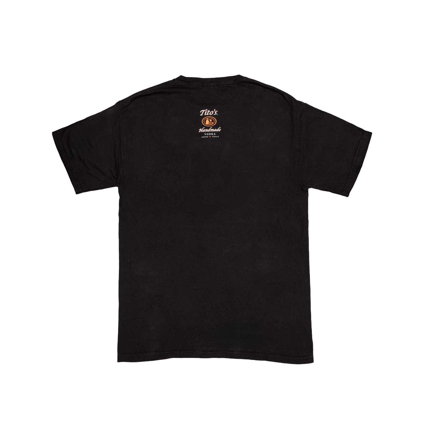 Back view of a Black t-shirt with orange and white Tito's Handmade Vodka logo small in the middle of the top