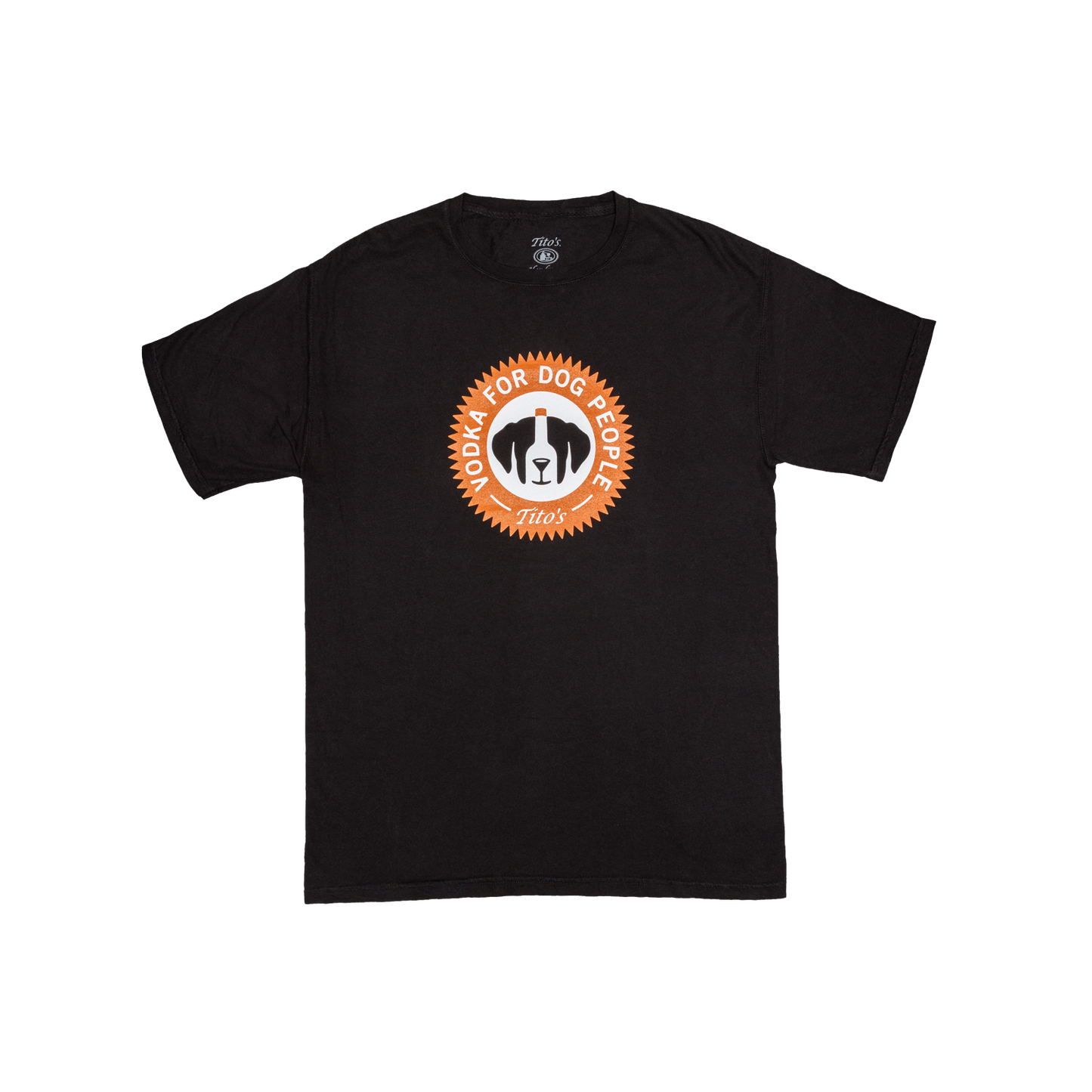Front view of a Black t-shirt with orange and white Vodka for Dog People logo centered on the front chest 