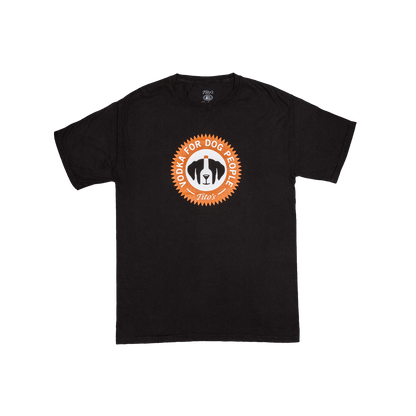 Front view of a Black t-shirt with orange and white Vodka for Dog People logo centered on the front chest 