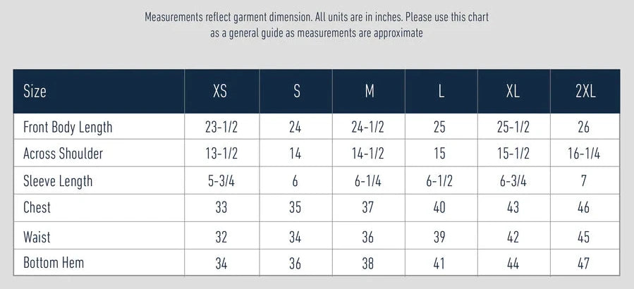 Women's polo size chart with measurements
