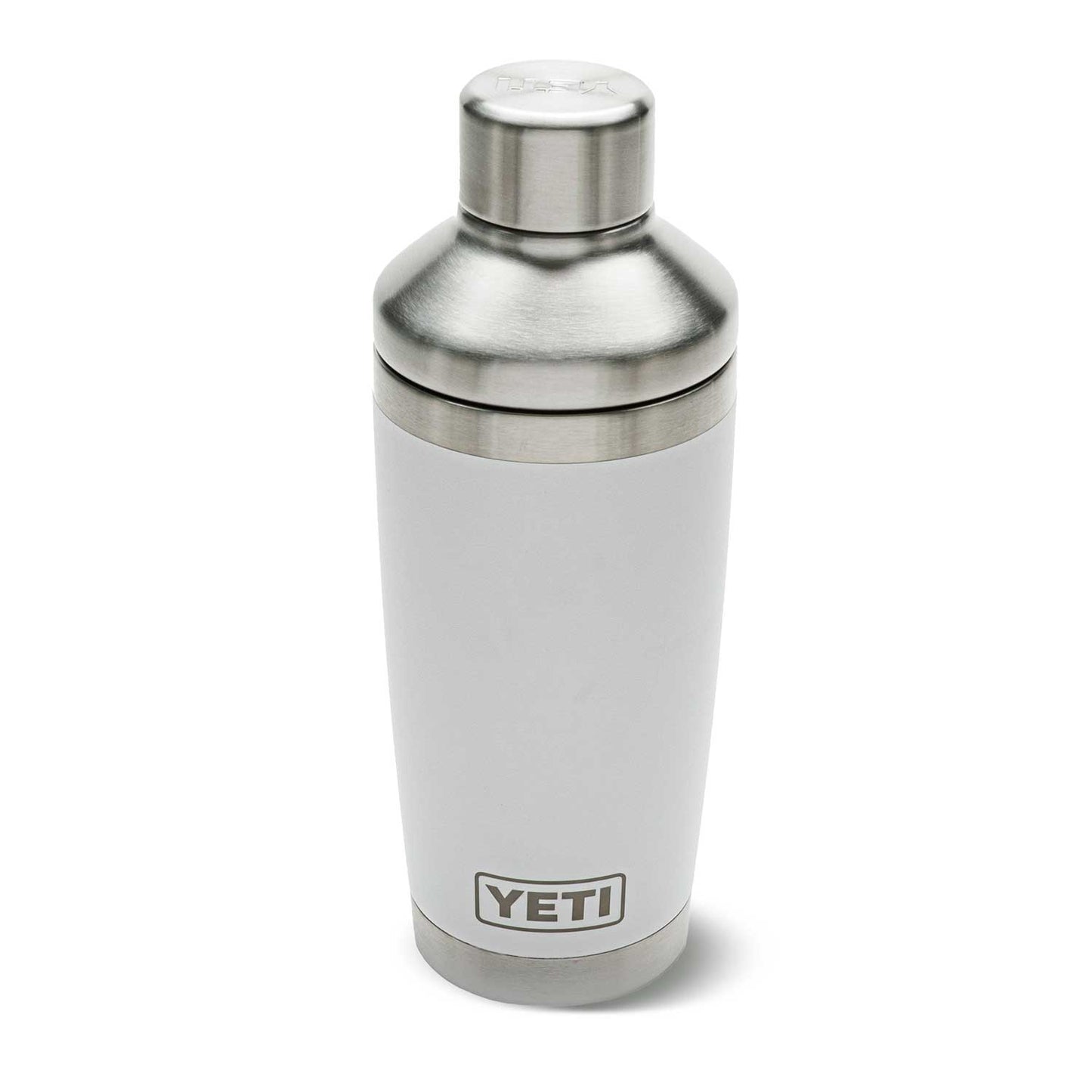 Back of white YETI Cocktail shaker with stainless steel cap