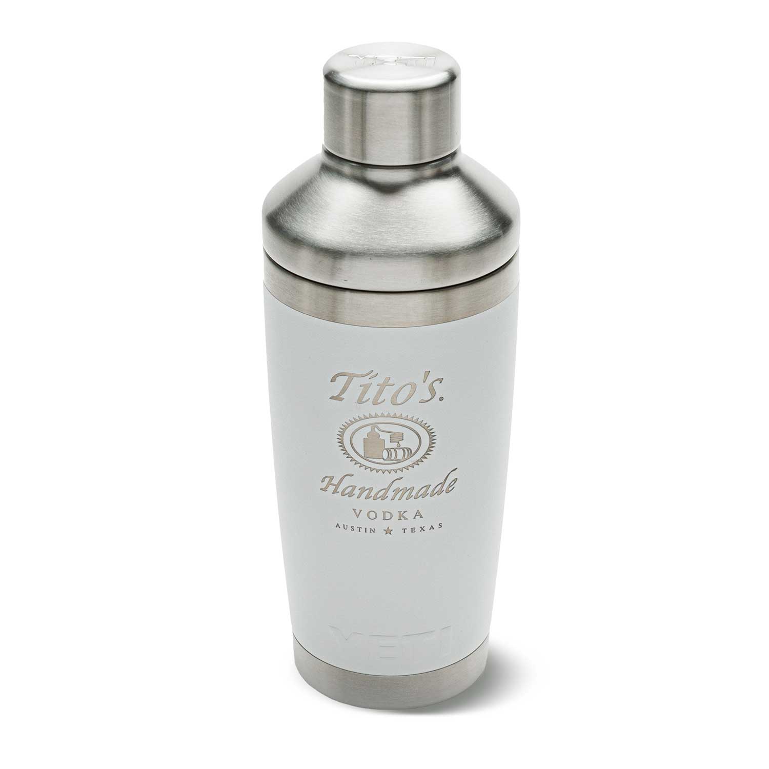 Front of white YETI Cocktail shaker with Tito's Handmade Vodka logo etched on and stainless steel cap