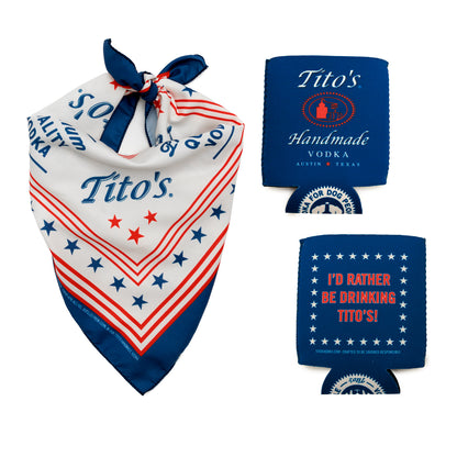 Tito's Handmade Vodka bandana tied and front and back of Tito's red, white, and blue can coolers 