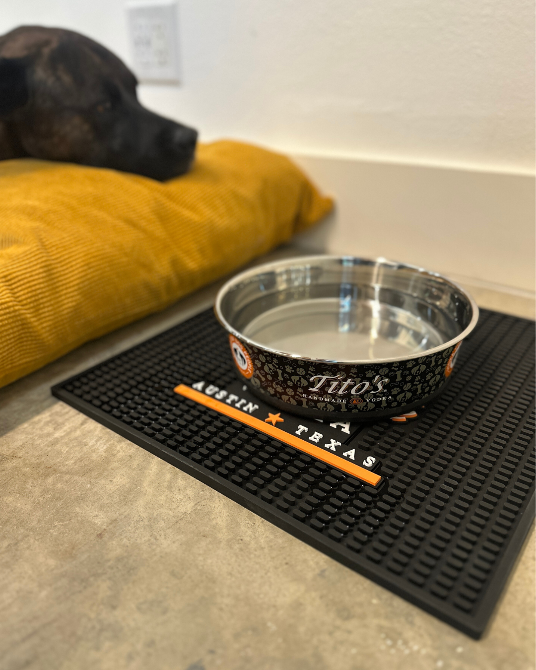 Dog sleeping next to Tito's Square Bar Mat with Tito's Metal Dog Bowl on top of mat