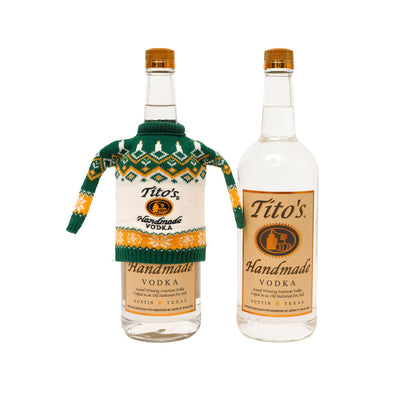 Two bottles of Tito's Handmade Vodka, one with a festive sweater and one without one
