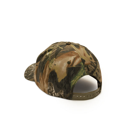 A camouflage baseball cap shown from a rear three-quarter angle on a clean white background.
