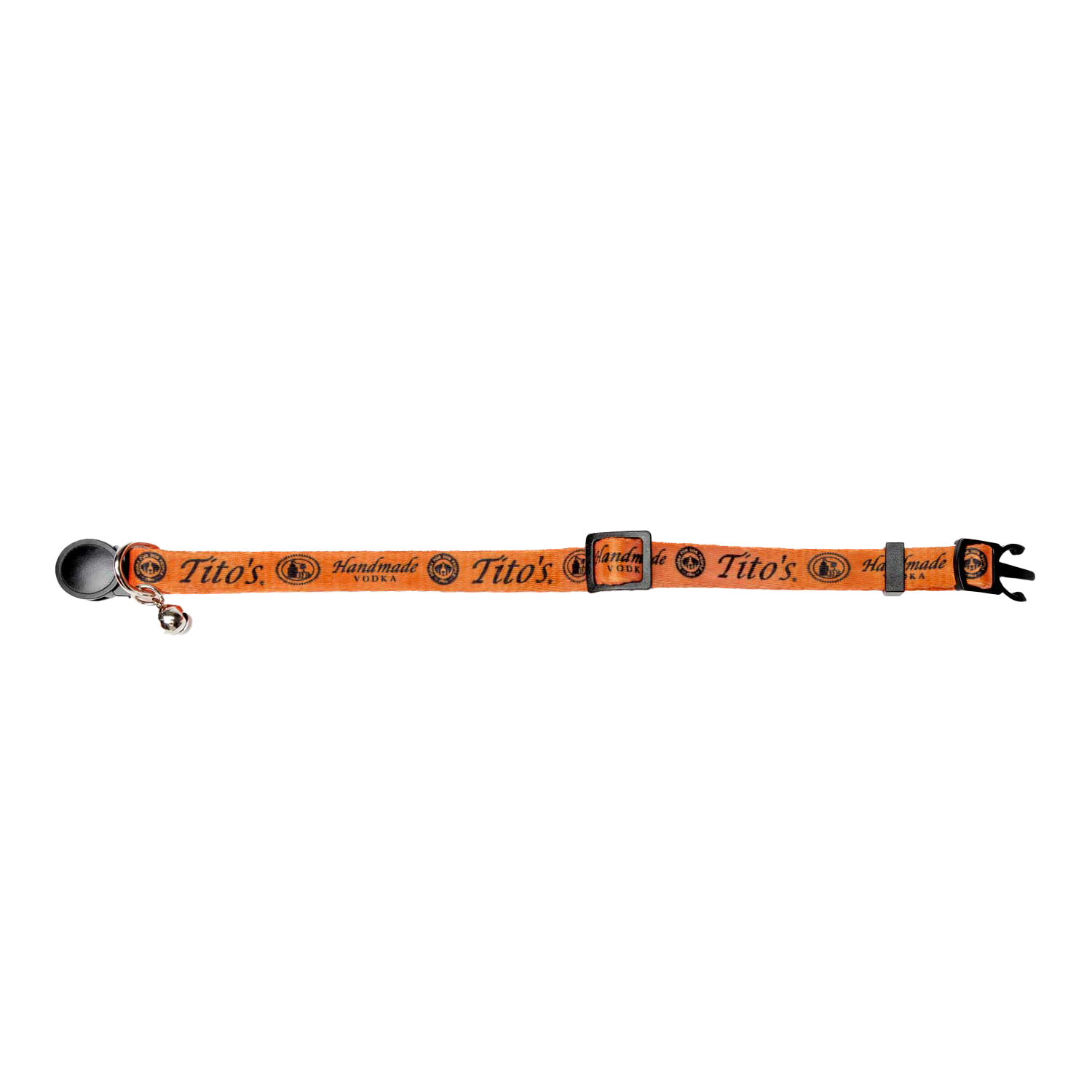 Orange cat collar with Tito's Handmade Vodka logo in black text with a bell unbuckled and laying flat