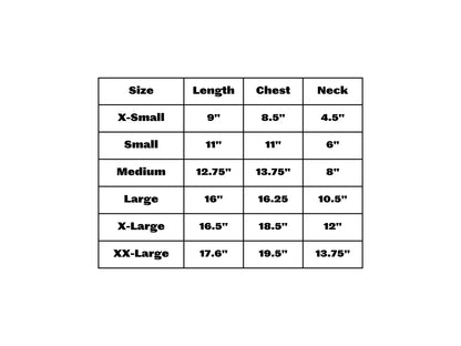 Measurement chart for dog sweater sizes with dimensions in inches.