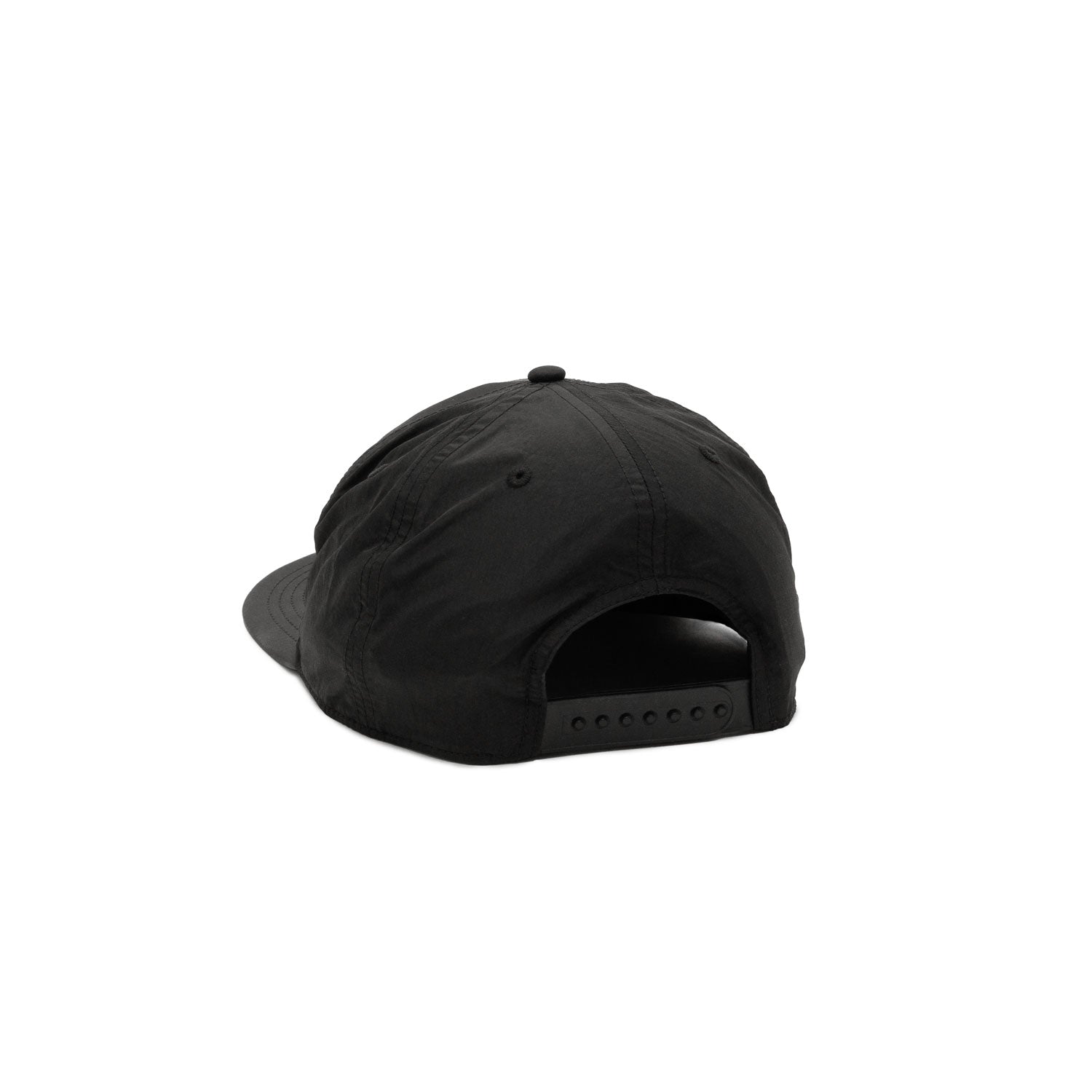 A black flat-brim snapback cap shown from the back with adjustable snap closure