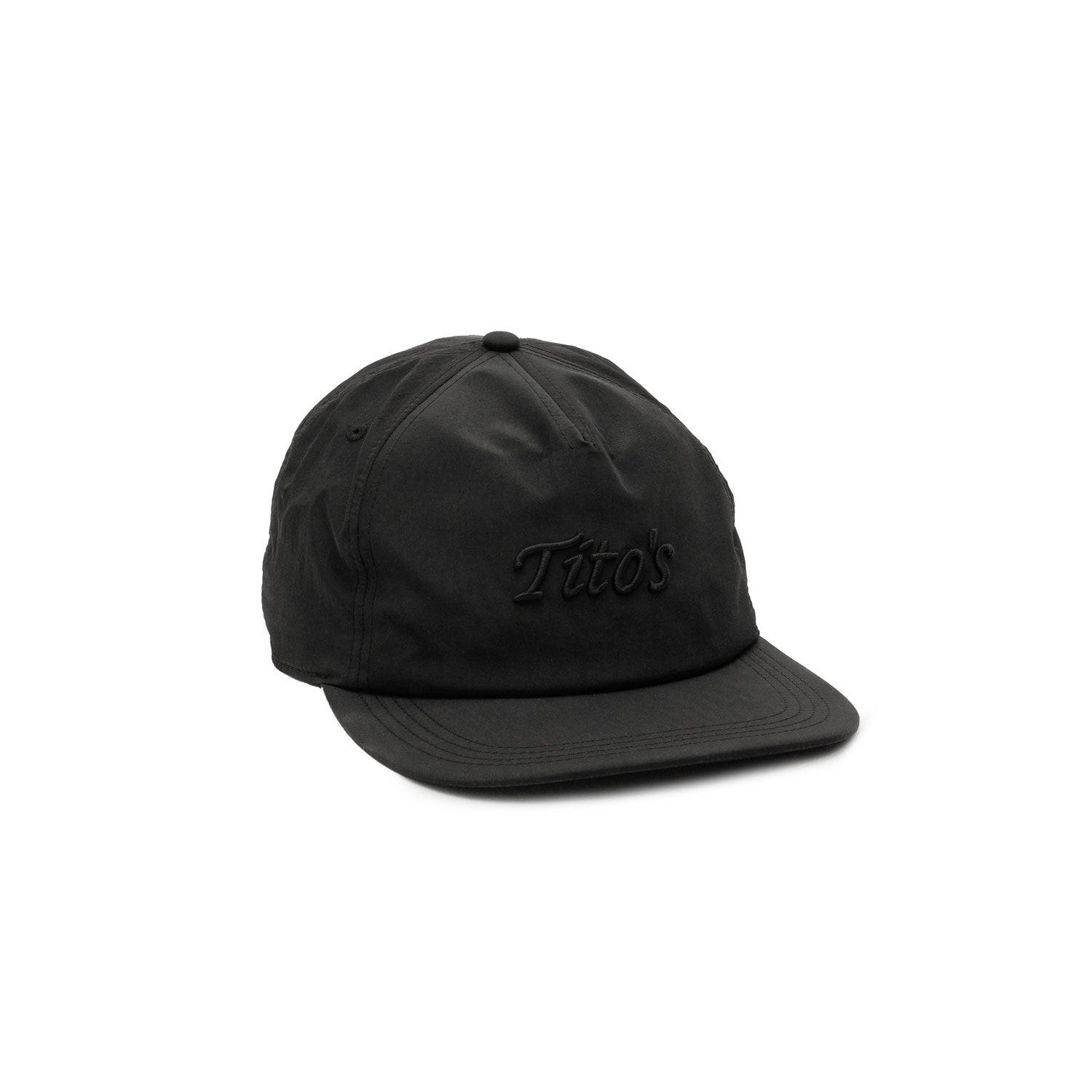 Black nylon hat with unstructured crown and Tito's word mark embroidered on front