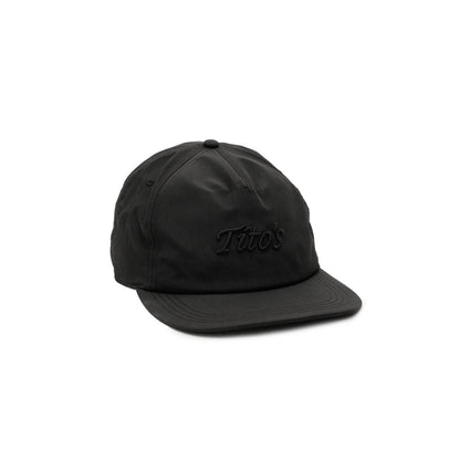 Black nylon hat with unstructured crown and Tito's word mark embroidered on front