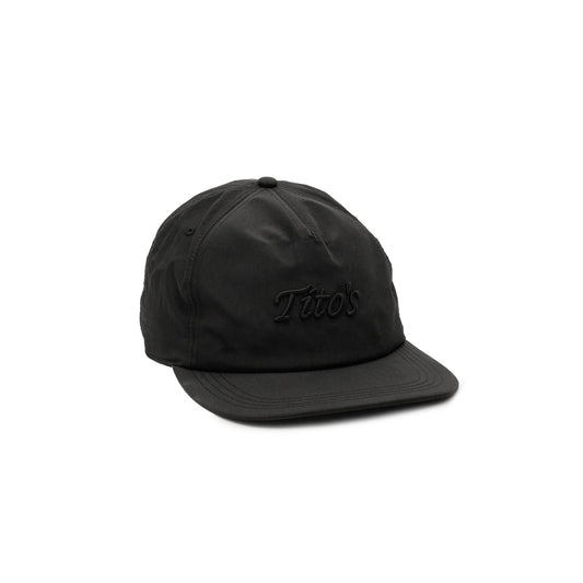 Black nylon hat with unstructured crown and Tito's word mark embroidered on front