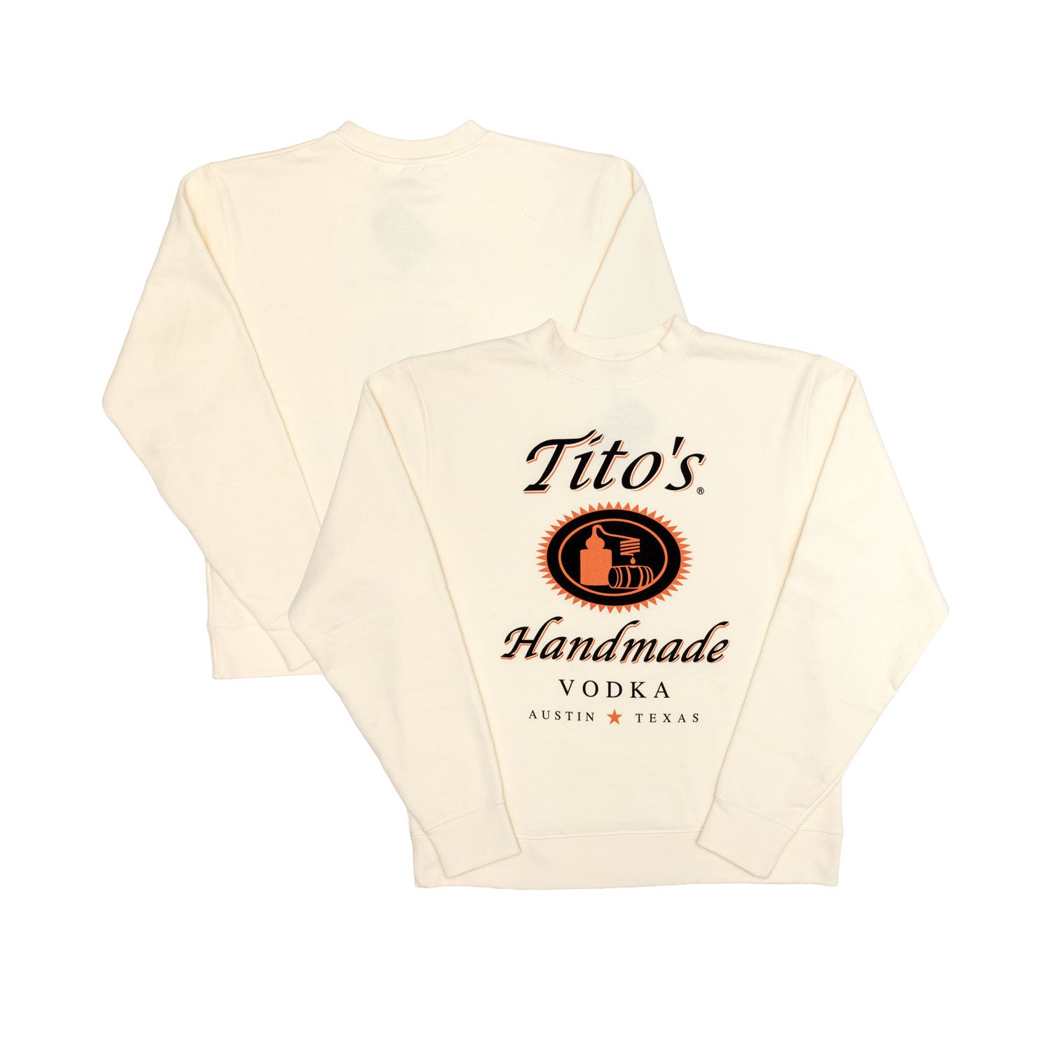 Front and back view of Cream sweatshirt with Tito's Handmade Vodka logo on the front