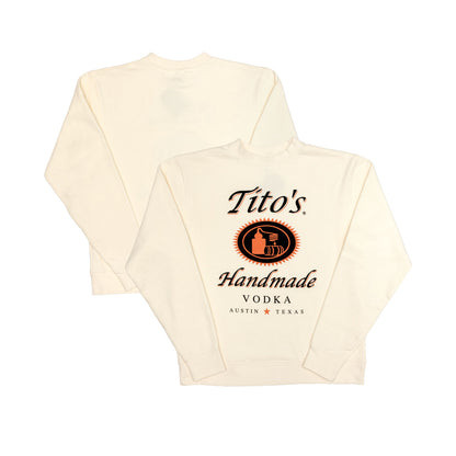 Front and back view of Cream sweatshirt with Tito's Handmade Vodka logo on the front