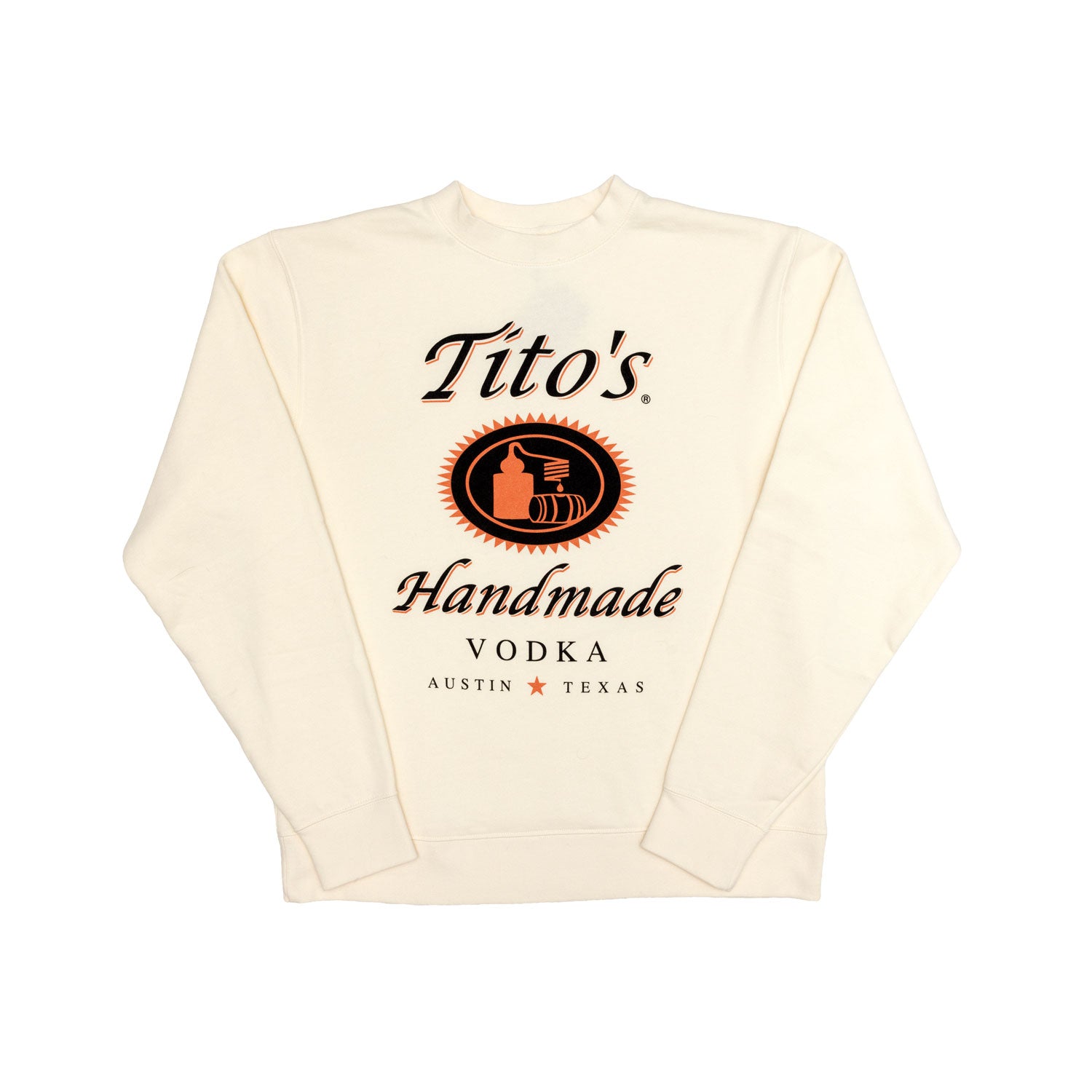 Front view of Cream sweatshirt with Tito's Handmade Vodka logo 
