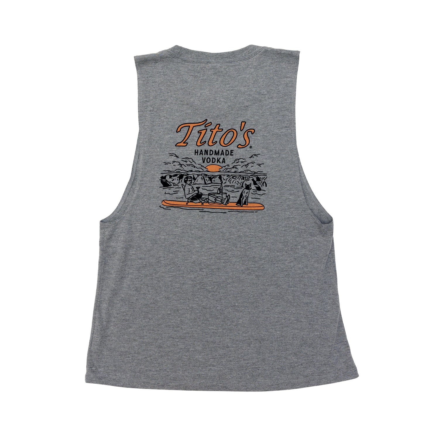 Back view of heathered grey ladies tank top with an image of a guy and a dog on a paddle board with Tito's Handmade Vodka text above it 