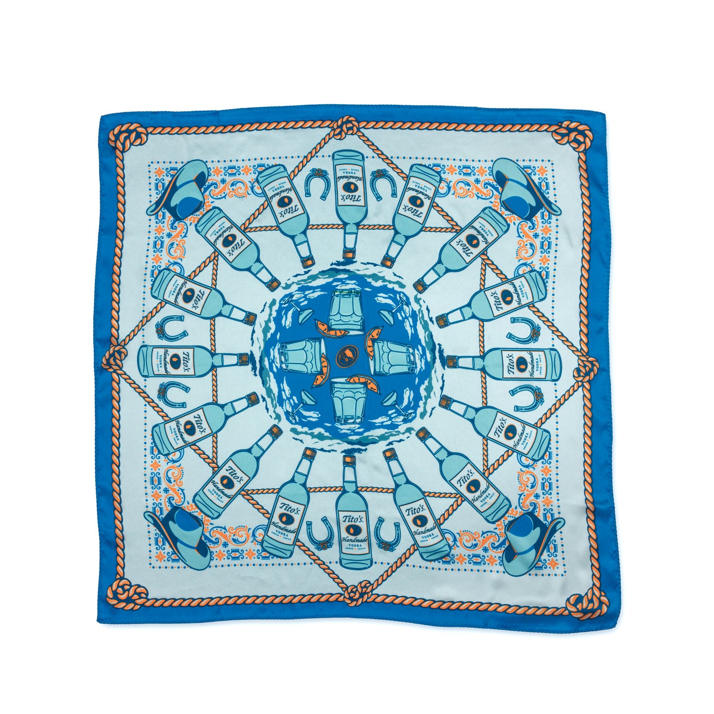 Large Blue square scarf with pattern of Tito's Handmade Vodka bottles, cowboy hats, cocktails, and rope