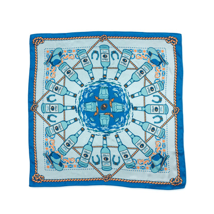 Large Blue square scarf with pattern of Tito's Handmade Vodka bottles, cowboy hats, cocktails, and rope