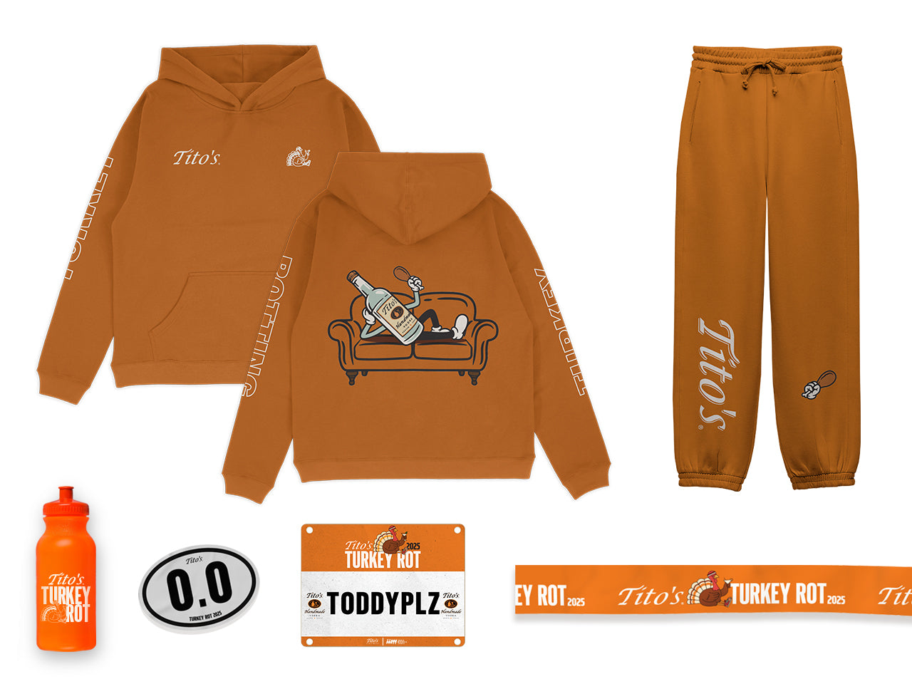 Front and back view of orange sweat suit- Hoodie has an orange couch with a Tito's Handmade Vodka bottle illustration lounging and holding a turkey leg on the back, and 'Turkey' and 'Rotting' down the sleeve, the pants have the Tito wordmark on the bottom of the right leg and a hand holding a turkey leg on the bottom of the left leg. Also includes Tito's Turkey Rot bib, 0.0 Mile Marker Sticker, The Already Finished Line Banner, and "It's Not a Water Bottle" Bottle 