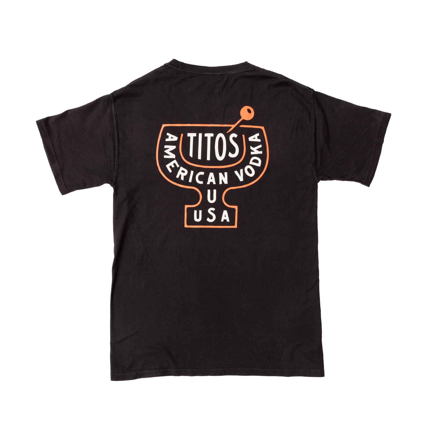 back view of a black shirt with orange and white lettering with a martini glass outline with Tito's American Vodka Aus USA text inside