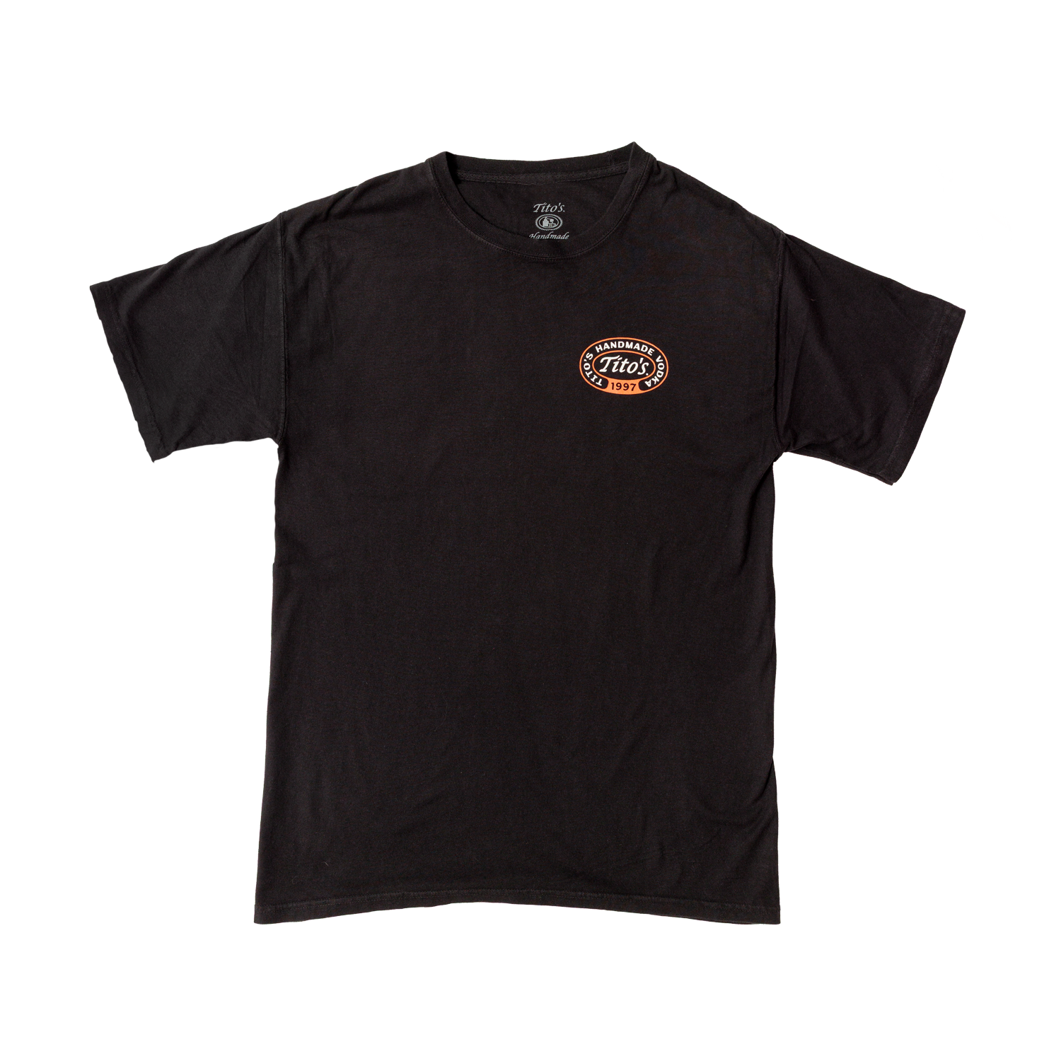 Front view of a black shirt with orange and white lettering- has a circle logo with Tito's in the center and Tito's Handmade Vodka 1997 around it. 
