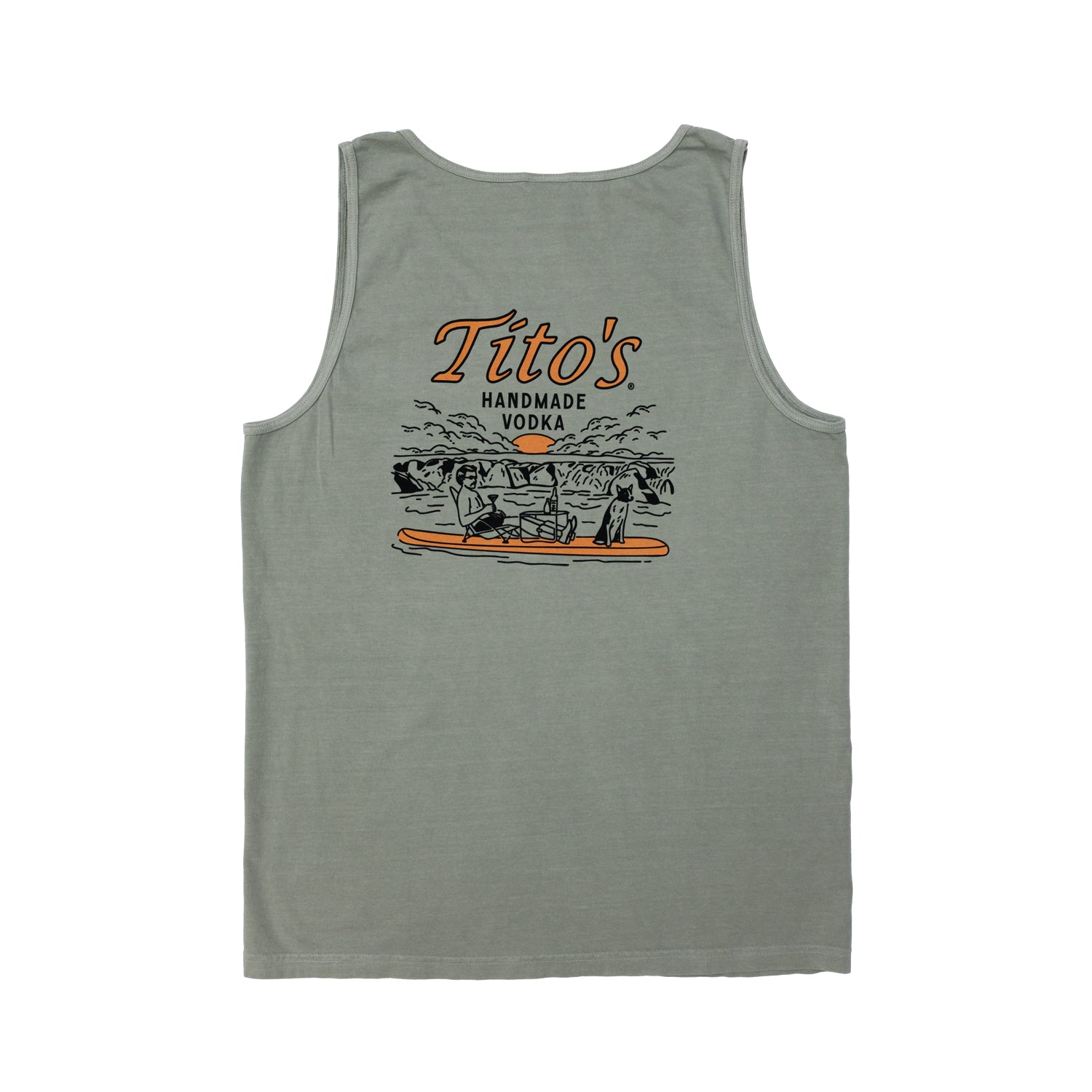 Back view of mens sandstone colored tank top with artwork of a guy and his dog on a paddle board with Tito's Handmade Vodka text above it.