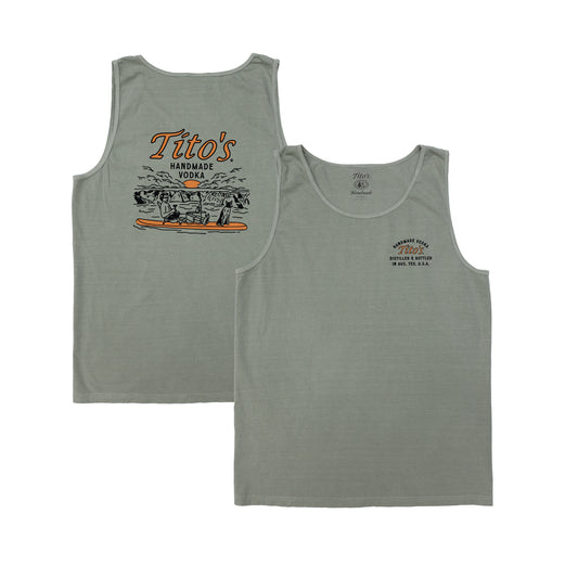 Front and back view of mens sandstone colored tank top. Front has small Tito's logo on the chest and back has artwork of a guy and his dog on a paddle board with Tito's Handmade Vodka text above it.