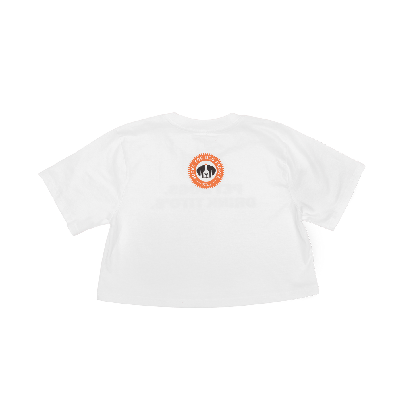 Back of white crop shirt with Vodka for Dog People Logo on top center