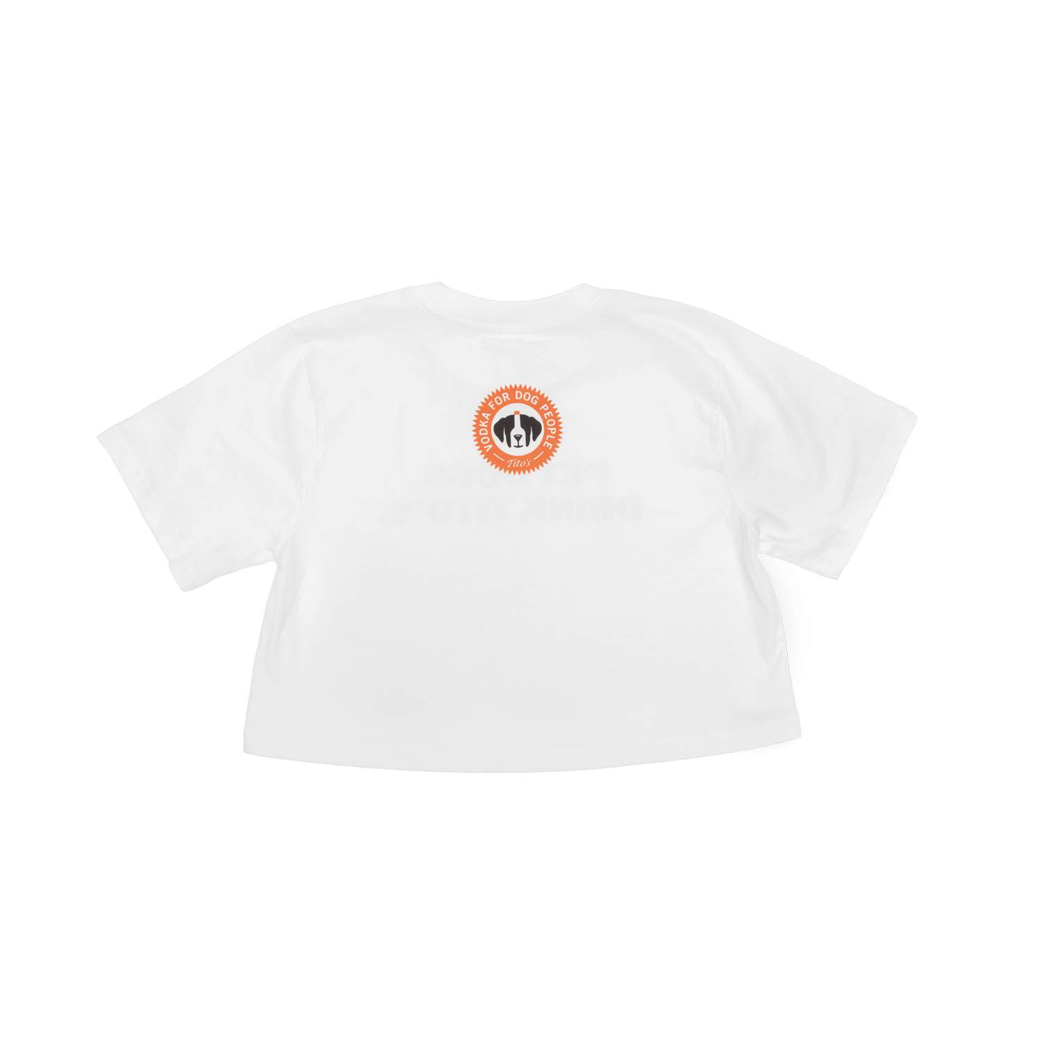 Back of white crop shirt with Vodka for Dog People Logo on top center